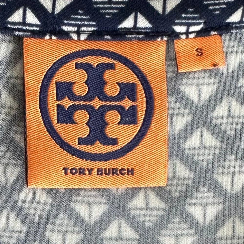 Tory Burch Geometric Print Cap Sleeve Midi Dress Navy/White S Designer Office